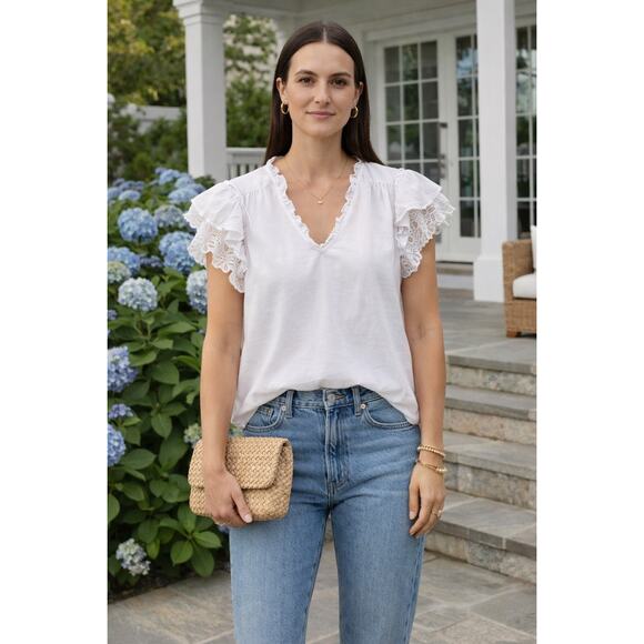 J. McLaughlin White Eyelet Ruffle Blouse Size M - Picture 2 of 9